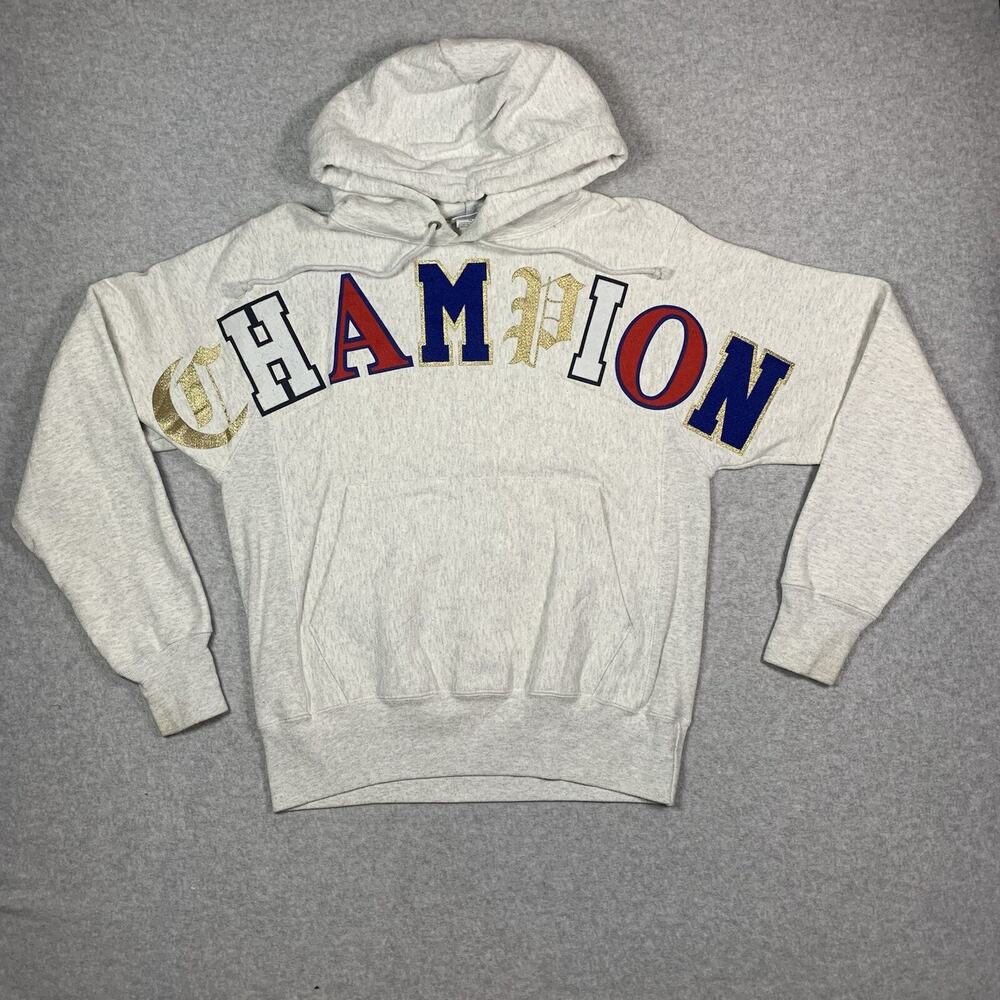 Champion Reverse Weave Hoodie Men's S Gray Multi-font Multi-color Spellout Logo